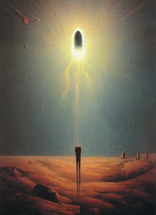 Image similar to A painting in a style of Beksinski featuring Elon Musk on mars. There is a group of rocket in the sky. Very detailed, symmetry