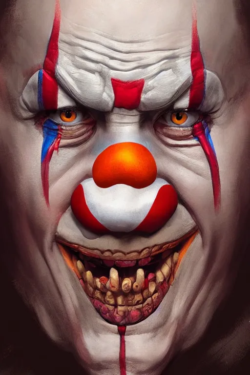 Prompt: Putin wearing Clown Makeup, anatomy, only two hands, highly detailed, digital painting, artstation, concept art, smooth, sharp focus, illustration, Unreal Engine 5, 8K, art by art by artgerm and greg rutkowski and edgar maxence