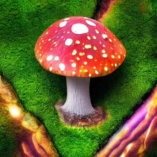 Image similar to Mushroom house, fairy, magical, mystical, psychedelic, realism, realistic, macrophotography, aerial veiw, 4k