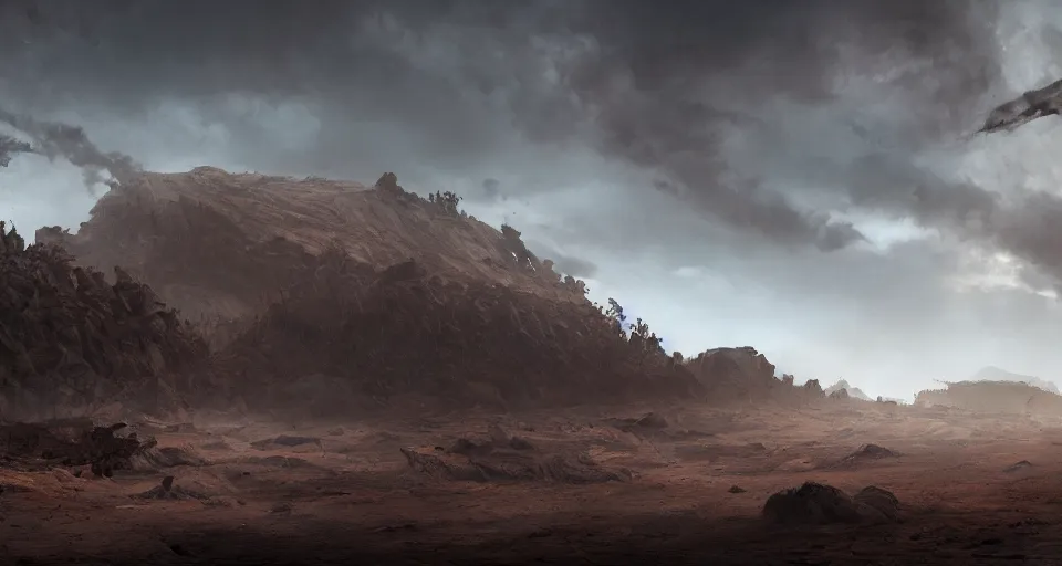 Prompt: barren land with dried volcanic ground, war aftermath, medieval, realistic concept art, eytan zana, one pixel brush, by eugene von guerard, ivan shishkin, complementary color scheme, dramatic lighting, concept art, trending on artstation