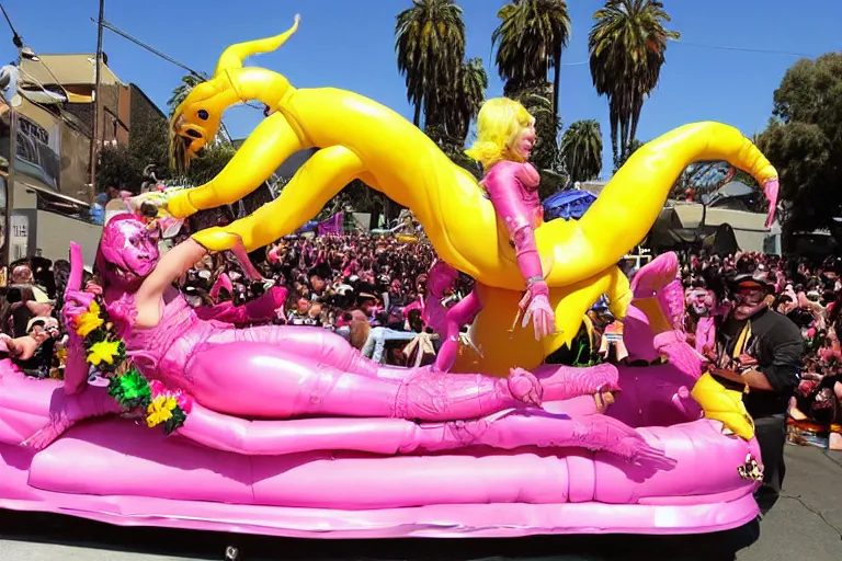 Prompt: Angelyne fights Scorpion from Mortal Kombat on a float at the Rose Parade, hyperdetailed, photorealistic,