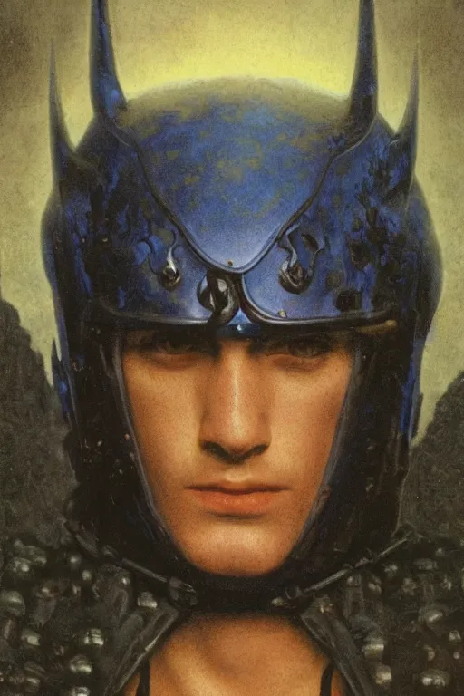 Image similar to portrait of beautiful gothic young man, warhammer, cyber armor, a lot of scars, thunderstorm and fire, blue head, the middle ages, highly detailed, artstation, illustration, art by jean delville, 8 k quality, art by leon gerome, greg gandy,