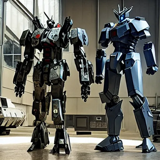 Image similar to cinematic still in real steel movie and westworld and pacific rim movie, one full body ornate humanoid gundam armored core mech by fujioka kenki and by mamoru nagano