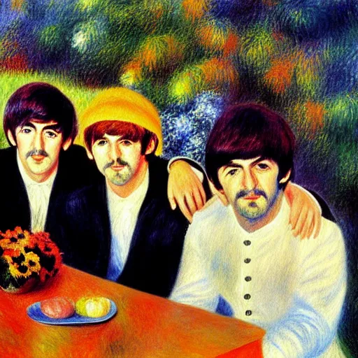 Image similar to Painting of The Beatles, in the style of Renoir