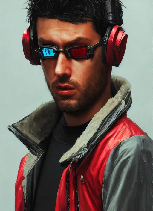 Image similar to ezra. cyberpunk character wearing jumpsuit and red jacket and cyberpunk headset. ( blade runner 2 0 4 9, dystopian, cyberpunk 2 0 7 7 character design ). attractive face. portrait by james gurney and laurie greasley, oil on canvas. cinematic, hyper realism, realistic proportions, full view, dramatic lighting, high detail 4 k