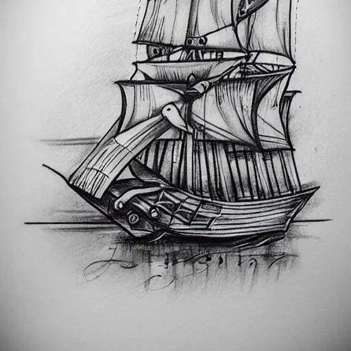 Image similar to realism tattoo design sketch of a pirate ship, by Sivak