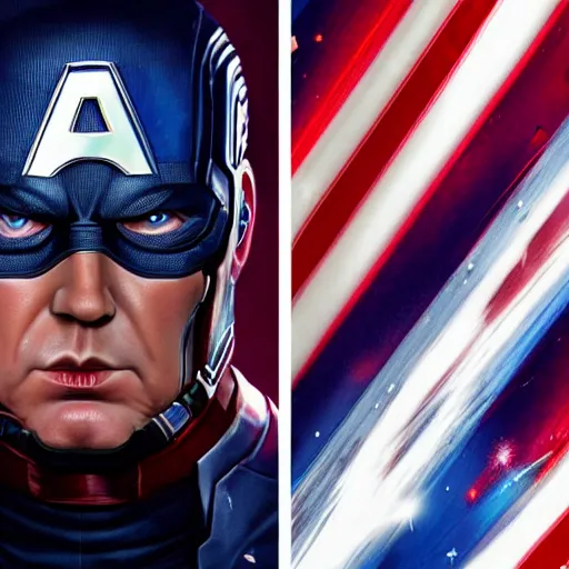 Image similar to of donald trump as captain america, iridescent, beautiful, technological, galactic, hyper-detailed, mega-detailed, realistic, cinematic, octane render, concept art, dark, cosmic, ominous, dramatic, lovecraftian, symmetric, swords, colorful and dark