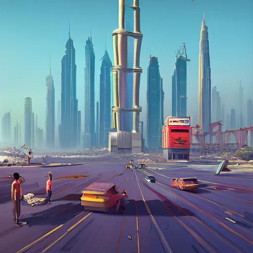 Image similar to gta : dubai, by simon stalenhag