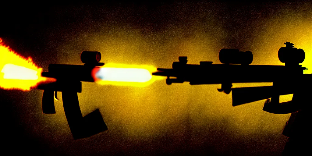 Image similar to high detail movie still of ultra realistic spongebob squarepants shooting an ak - 4 7 machine gun with muzzle flash, cinematic framing rule of thirds, cinematic light, hard shadows, in the style of the movie lone survivor,