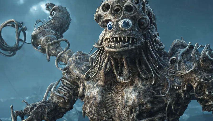 Image similar to closeup fallout 4 character screenshot of a humanoid kraken, enb, ambient occlusion, subsurface scattering, solo, 4 k, bokeh, beautiful, detailed