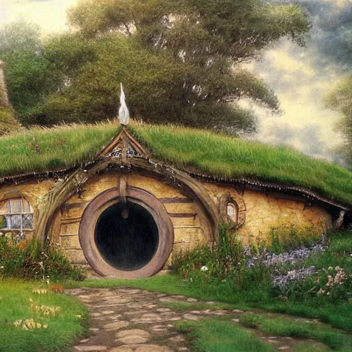 Image similar to beautiful serene hobbiton, by alan lee, lord of the rings, smooth, detailed terrain, oil painting, matte painting concept art, trending on art station