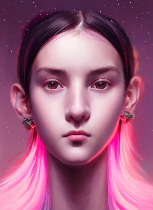 Image similar to portrait of teenage girl, narrow face, black hair, bangs, half updo hairstyle, skinny, smile, unattractive, defined jawline, big chin, wearing pink hair bow, earrings, intricate, elegant, glowing lights, highly detailed, digital painting, artstation, sharp focus, illustration, art by wlop, mars ravelo and greg rutkowski