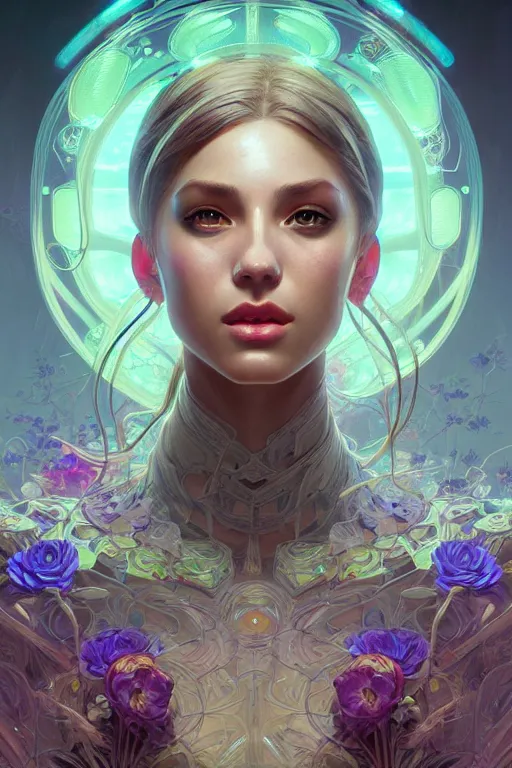 Prompt: beautiful female android!, half portrait, neon flowers, intricate detailed environment, cell shaded, floro details, intricate, elegant, highly detailed, digital painting, artstation, concept art, smooth, sharp focus, illustration, art by artgerm and greg rutkowski and alphonse mucha