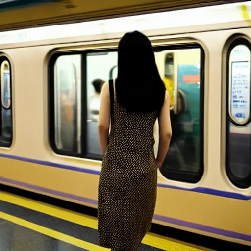 Prompt: a chinese girl with backless dress in the subway train