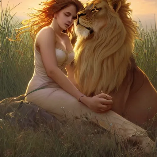 Image similar to contented lion and lioness cuddling with each other, golden hour, adorable, art by artgerm and greg rutkowski and alphonse mucha, 8k UHD