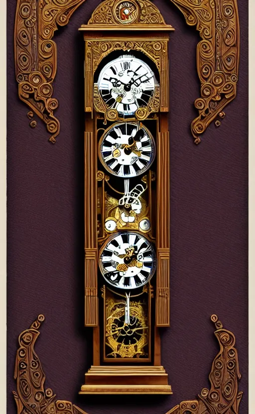 Image similar to ornate steampunk grandfather clock, high details, intricately detailed, by vincent di fate, inking, lineart, 3 color screen print, masterpiece, trending on artstation, sharp, details, hyper - detailed, hd, 4 k, 8 k