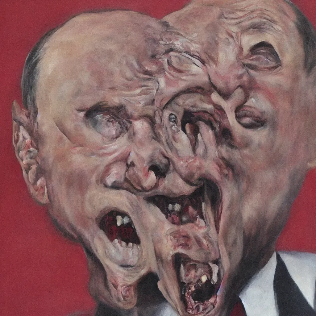 Image similar to oil painting of evil vladimir putin, screaming eyes wide shot art by francis bacon