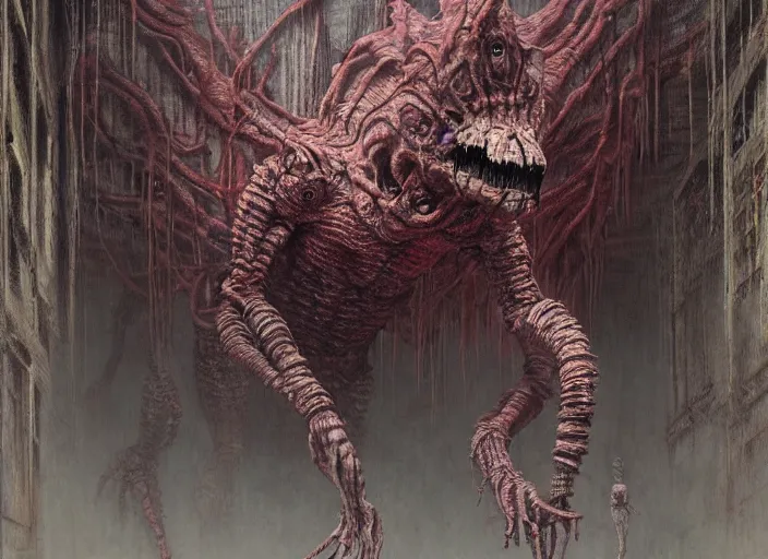 Prompt: terrifying indigenous monster creature inside creepy toronto shopping mall designed by wayne barlowe, beksinski, akihiko yoshida, gantz, moebius, silent hill, neill blomkamp, pixar, kodak polaroid, intricate details, 8 k resolution, hyperrealistic, masterpiece