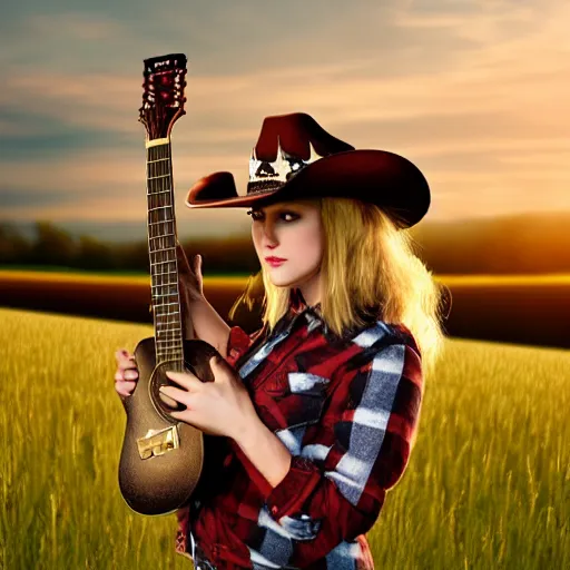 Image similar to a female fluffy anthropomorphic fox animal, head of fox, wearing cowboy hat, wearing plaid shirt, playing guitar, in a field, barn in background, album cover style