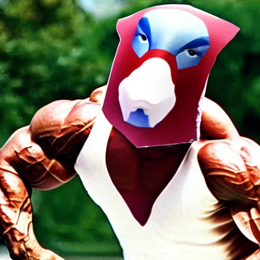 Image similar to film still of an extremely muscular man wearing a plastic goose mask, 1 9 9 8 movie