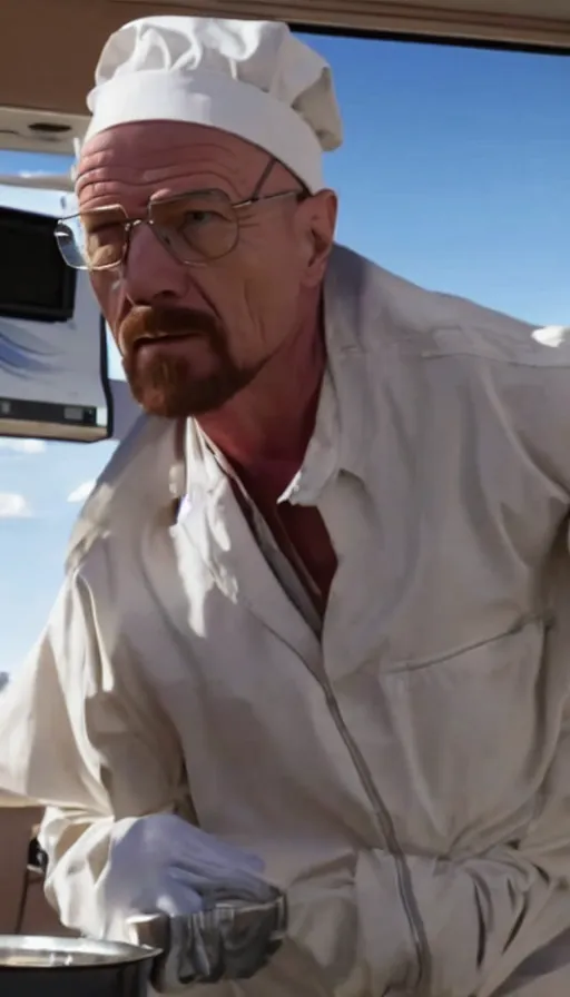 Prompt: film still of kim kardashian as walter white cooking meth inside an rv on the tv show breaking bad, full-shot, 4k