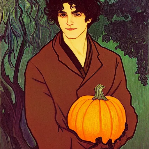 Prompt: painting of young cute handsome beautiful dark medium wavy hair man in his 2 0 s named shadow taehyung at the halloween pumpkin party holding pumpkin, melancholy, autumn colors, japan, elegant, clear, painting, stylized, delicate, soft facial features, delicate facial features, soft art, art by alphonse mucha, vincent van gogh, egon schiele