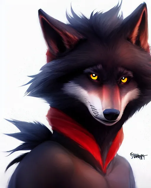 Prompt: character concept art of a black anthropomorphic furry male wolf with long red hair | | cute - fine - face, pretty face, key visual, realistic shaded perfect face, fine details by stanley artgerm lau, wlop, rossdraws, james jean, andrei riabovitchev, marc simonetti, and sakimichan, artstation