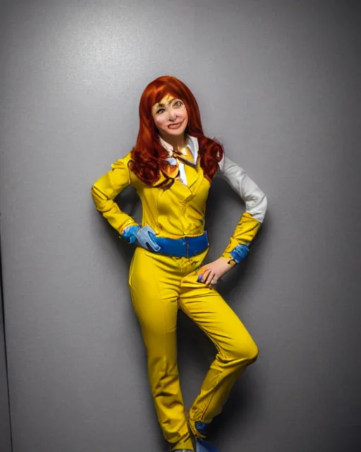 Prompt: Beautiful close highly detailed portrait of an April O'neil from TMNT cosplayer in her iconic signature main 1987 Yellow news reporter jumpsuit outfit. Award-winning photography. XF IQ4, 150MP, 50mm, f/1.4, ISO 200, 1/160s, natural light, rule of thirds, symmetrical balance, depth layering, polarizing filter, Sense of Depth, AI enhanced