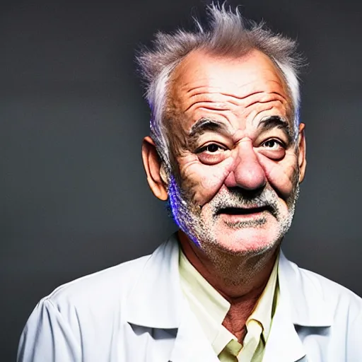 Image similar to !dream the roll of Rick Sanchez will be played by Bill Murray, spikey hair, white lab coat, photography