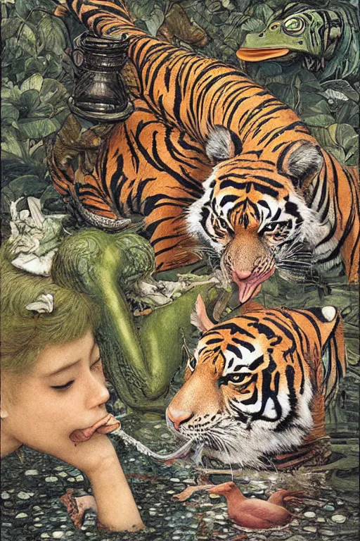 Image similar to a tiger a frog and a duck sharing a drinkby frantisek kupka, intricate, miles johnston, kuroda seiki, cynical realism, ozabu, john william godward, painterly, yoshitaka amano, moebius, miles johnston, louise zhang, james jean, mark ryden