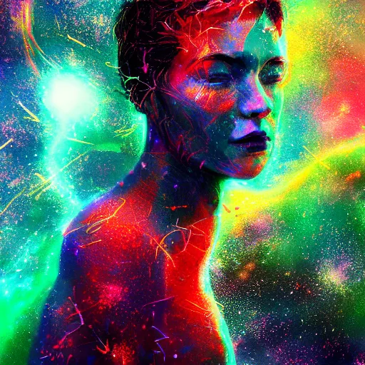 Image similar to improbability, octane render, portrait made of paint, splashes of colors, galaxy comic book art