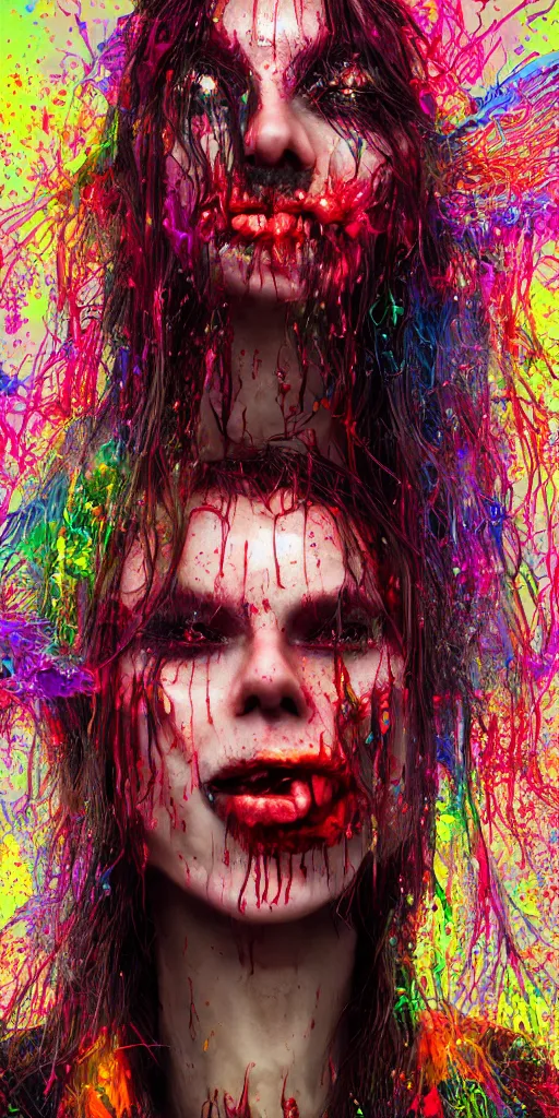 Image similar to impossibly beautiful vampire with large vampire fangs, full body, intricate complexity, horror, psychedelic glitch art, rainbow drip paint, trending on art station, photoreal, 8k, octane render