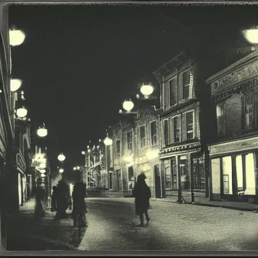 Image similar to a street level Polaroid of a steampunk victorian city street, with people walking on the streets, at night