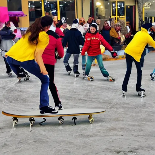 Prompt: people skating on melted cheese