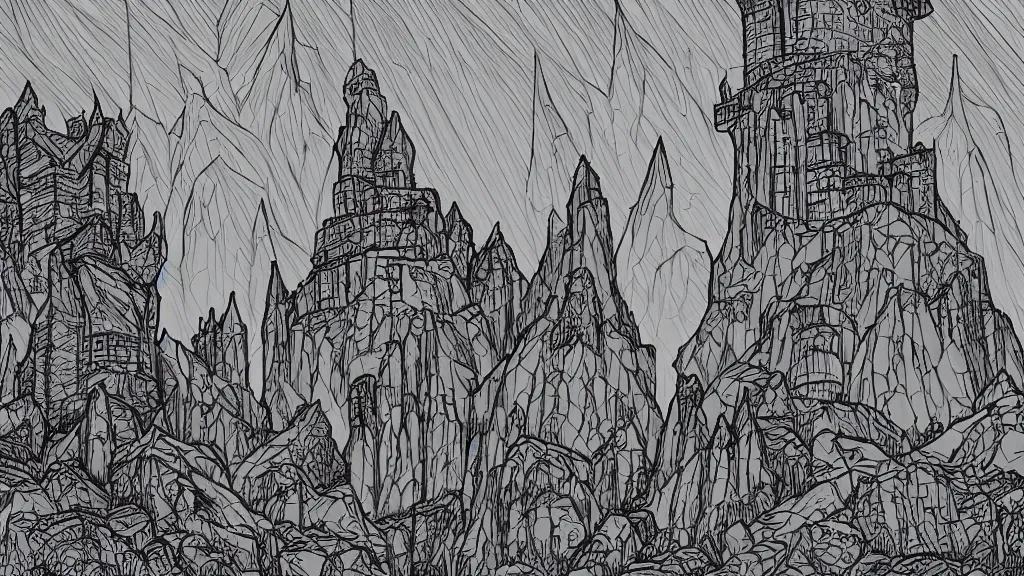 Image similar to wizard tower surrounded by mountains, lineart colored