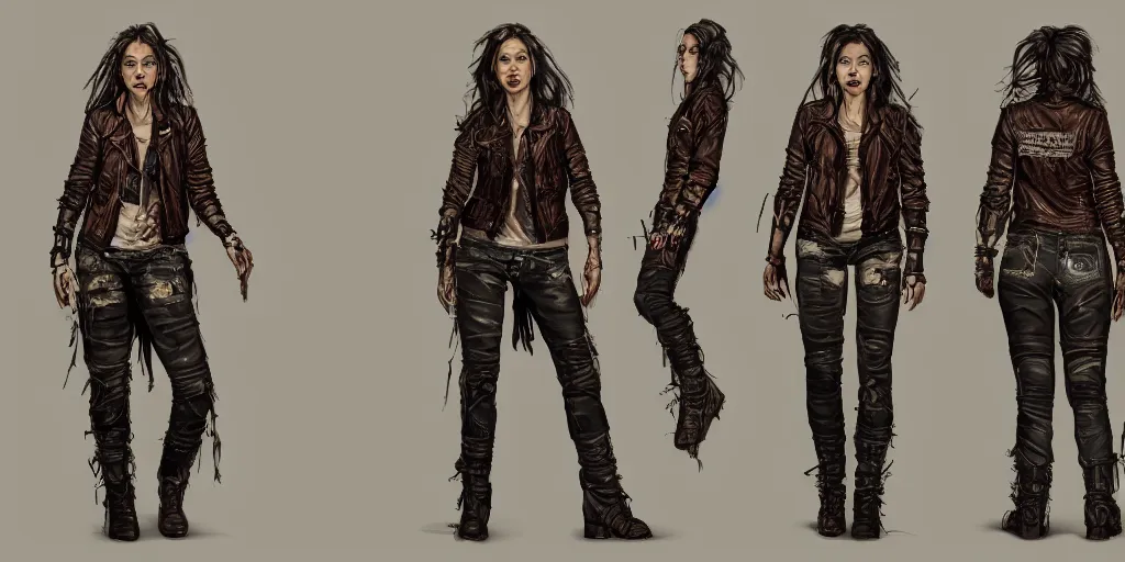 Image similar to female wanderer with tattooed arms and legs wearing an old scratched leather and ripped aviator leather jeans, wearing a short black jacket with rusty medals on it, character sheet, head details, props, concept design, contrast, kim jung gi, greg rutkowski, trending on artstation, 8 k, full body, turnaround, ultra wide angle, pincushion lens effect