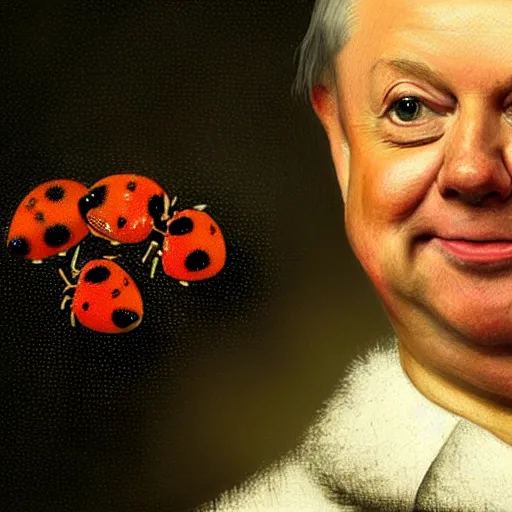 Prompt: painting of lindsey graham surrounded by ladybugs. masterpiece by rembrandt.
