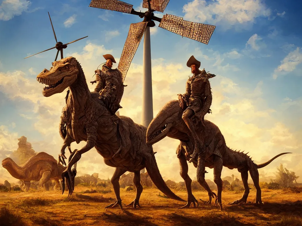 Image similar to portrait of don quixote sitting on a dinosaur in front of a windmill, summer, sun in the zenith, digital art, highly detailed, stunning scene, 4 k, realism, bright colors, trending on artstation