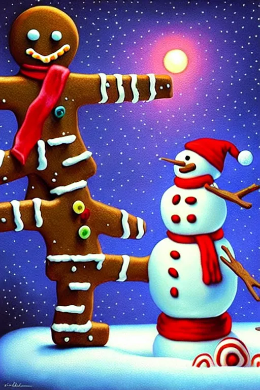 Image similar to a hyperrealistic painting of a 3 d christmas nightmare isometric gingerbread man vs snowman boss fight, cinematic horror by chris cunningham, lisa frank, richard corben, highly detailed, vivid color,