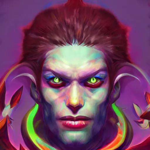Image similar to self portrait of an ascended demon, colorful, sultry, artstation