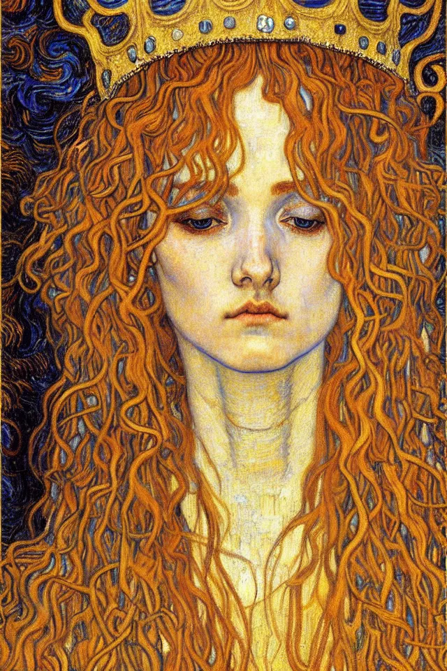 Image similar to detailed realistic beautiful young medieval queen face portrait by jean delville, gustav klimt and vincent van gogh, art nouveau, symbolist, visionary, gothic, pre - raphaelite, muted earthy colors, desaturated