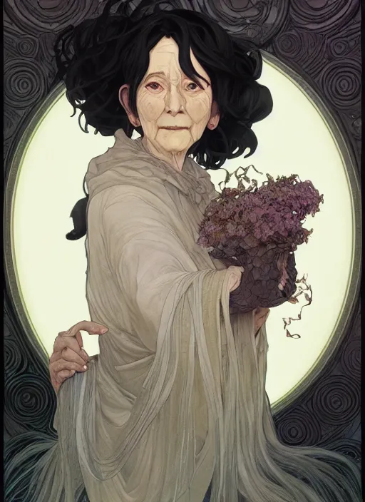 Prompt: wizened old witch with curly shiny shimmering black hair, path traced, highly detailed, high quality, digital painting, by studio ghibli and alphonse mucha, leesha hannigan, hidari, disney