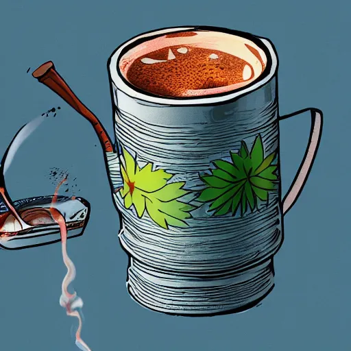 Prompt: an argentinian cup of mate and staw, photorealistic, outdoors, hot vapor, weed, intricate digital art