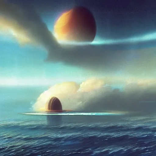 Image similar to beautiful matte painting of a dreamy ocean with clouds, sci - fi, daylight, blue sky, cinematic lighting, cinematic perspective, planet above, syd mead, john harris, federico pelat