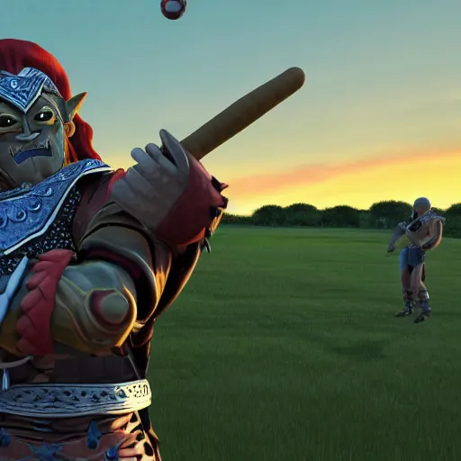 Prompt: photo of ganondorf in chainmail armor catching a baseball on flat plains with no vegetation during sunset, hd