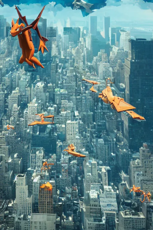 Image similar to charizard flying above new york, cybertronian, long shot, cinematography by wes anderson, 4 k octane render, intricate detail, photorealistic, cinematic lighting, artstation