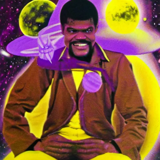 Image similar to Billy Preston (1974) in space in front of a purple nebula