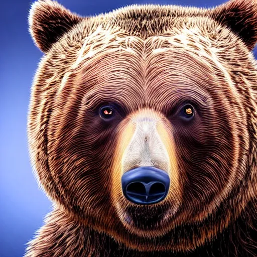 Image similar to portrait of a grizzly bear face, goofy expression, studio backdrop, hyper realistic, detailed digital painting, close up, low - key lighting, dramatic lighting, studio lighting, dark