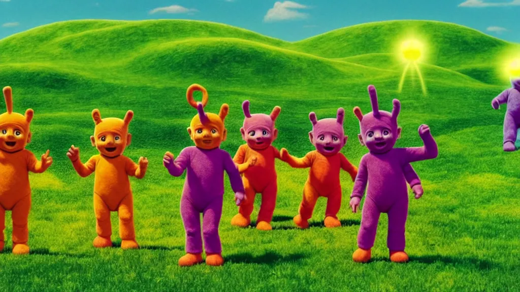 Prompt: Teletubbies performing cult sacrifice on sunny green hills, film still from the movie directed by Denis Villeneuve with art direction by Zdzisław Beksiński, wide lens