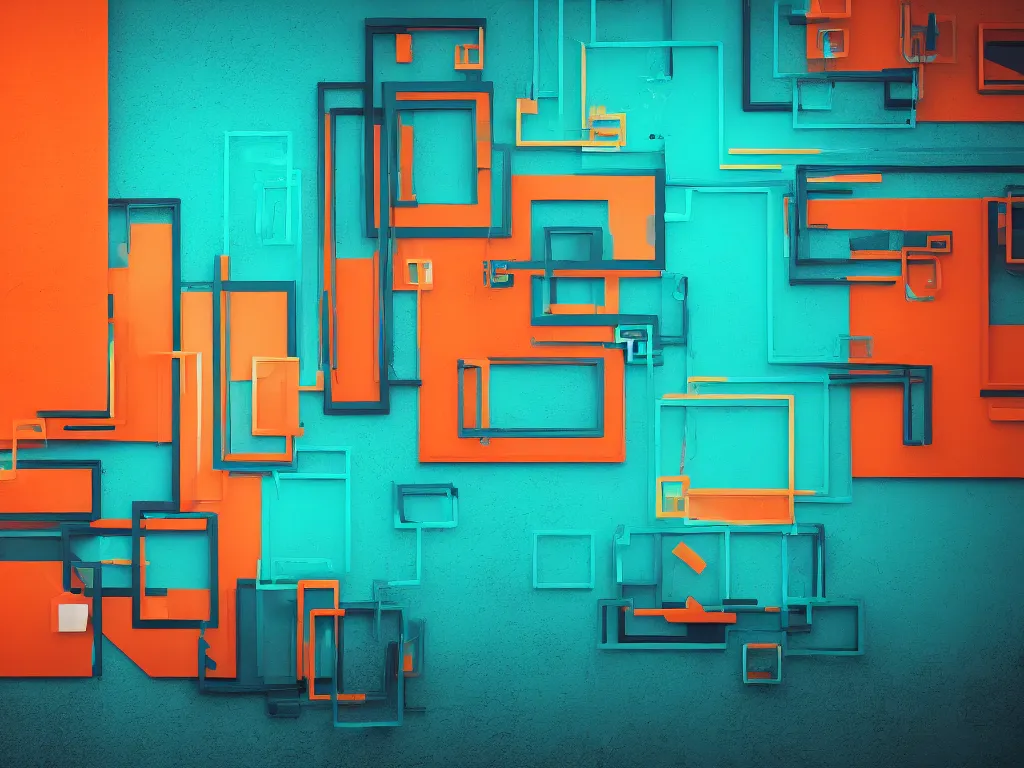 Prompt: Beautiful cyberpunk teal and orange colored wall with photo frames, night ambience, smooth volumetric lighting, geometric, low light room, photorealistic details, neon glowy edges, 4K, 8K, digital arts